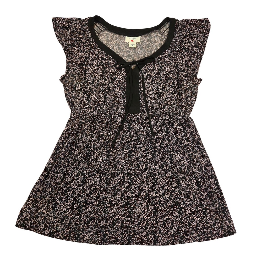 Two Hearts Maternity Stretchy Pull Over Top Shirt Black Pink Flowers Sz L floral